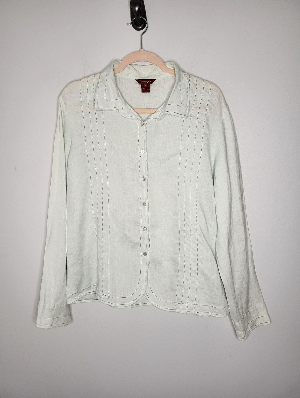 Sundance Light Sage Linen Cutwork Button Down Shirt Size 16 Boho